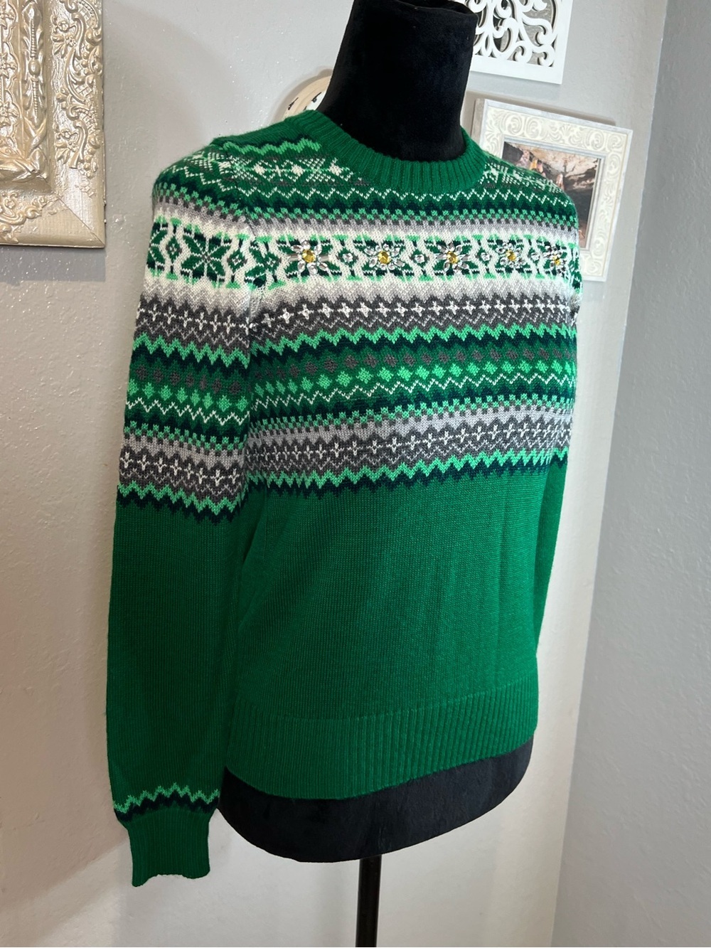 The Limited Green Fair Isle Crewneck Sweater with Rhinestone embellishments - Picture 5 of 10